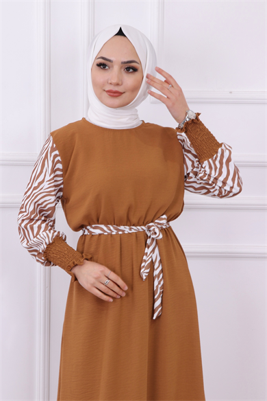 Kolu Zebra Desen Elbise Taba