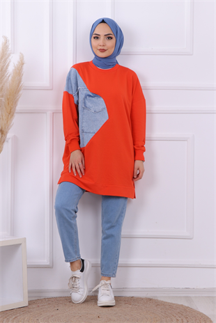 Kot Detaylı Sweat Turuncu