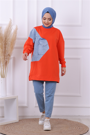 Kot Detaylı Sweat Turuncu