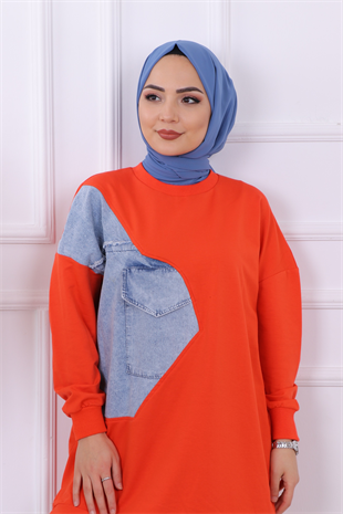 Kot Detaylı Sweat Turuncu