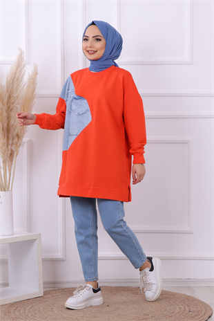 Kot Detaylı Sweat Turuncu