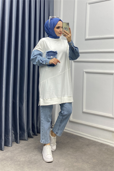 Kot Detaylı Sweat Beyaz