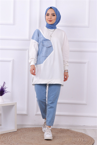 Kot Detaylı Sweat Beyaz