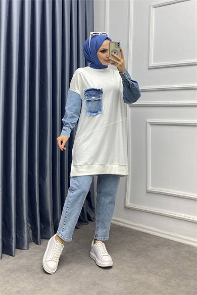 Kot Detaylı Sweat Beyaz