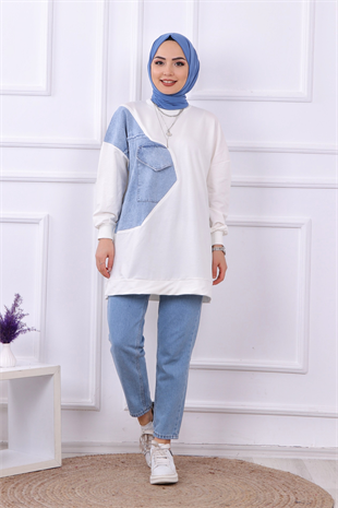 Kot Detaylı Sweat Beyaz