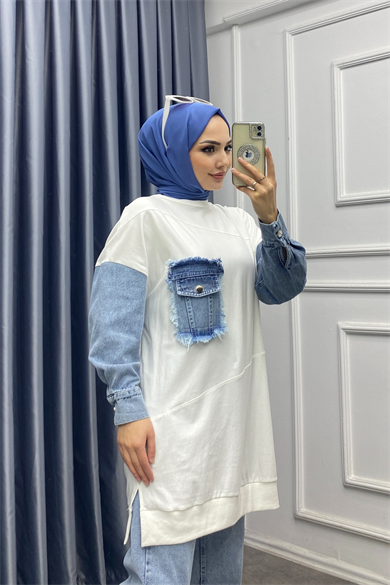 Kot Detaylı Sweat Beyaz