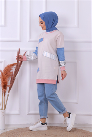 Kot Detaylı Sweat Krem