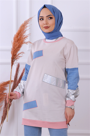 Kot Detaylı Sweat Krem