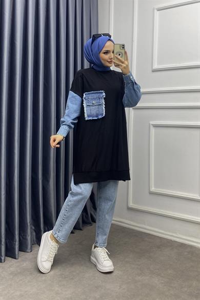 Kot Detaylı Sweat Siyah