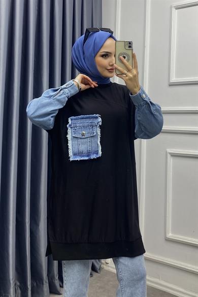 Kot Detaylı Sweat Siyah