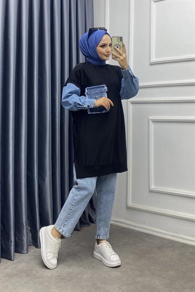 Kot Detaylı Sweat Siyah