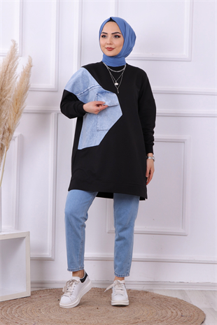 Kot Detaylı Sweat Siyah