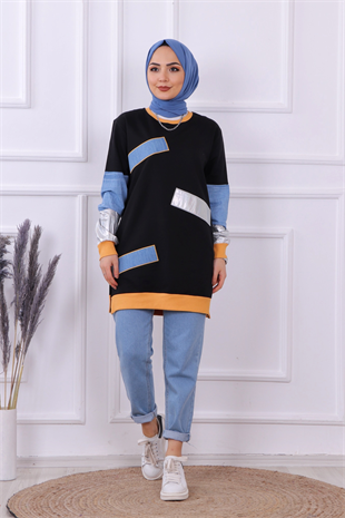 Kot Detaylı Sweat Siyah