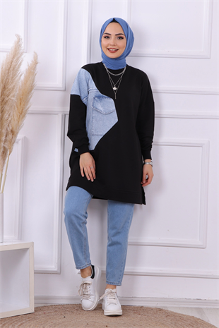 Kot Detaylı Sweat Siyah