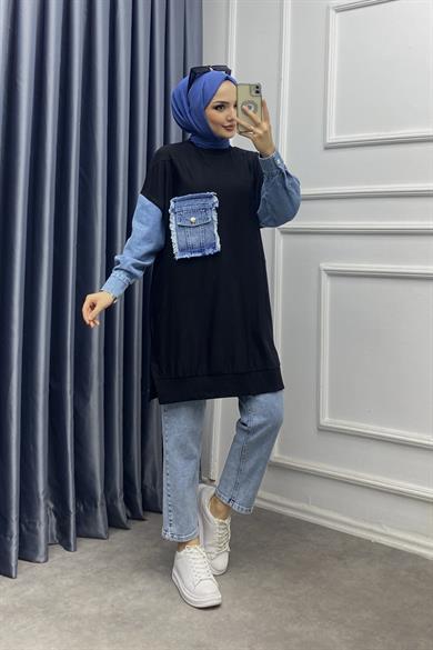 Kot Detaylı Sweat Siyah