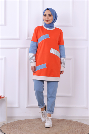 Kot Detaylı Sweat Turuncu