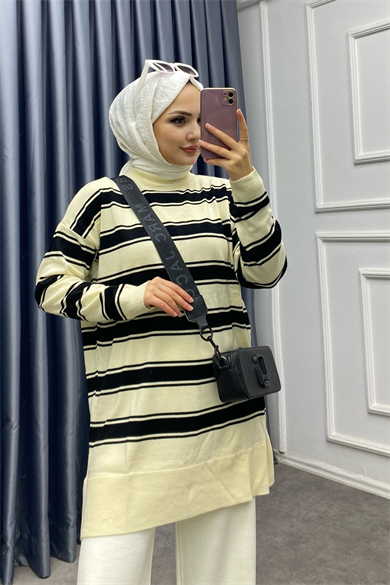 Krem Şeritli Tunik