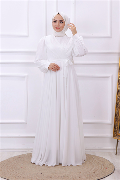 Kruvaze Yaka Elbise Beyaz