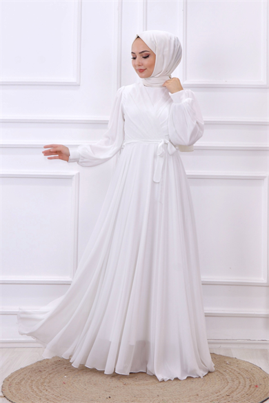 Kruvaze Yaka Elbise Beyaz