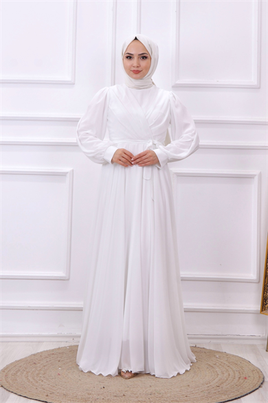 Kruvaze Yaka Elbise Beyaz