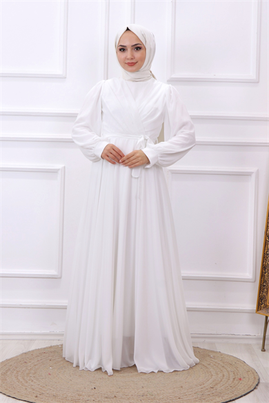 Kruvaze Yaka Elbise Beyaz