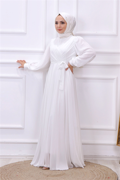 Kruvaze Yaka Elbise Beyaz