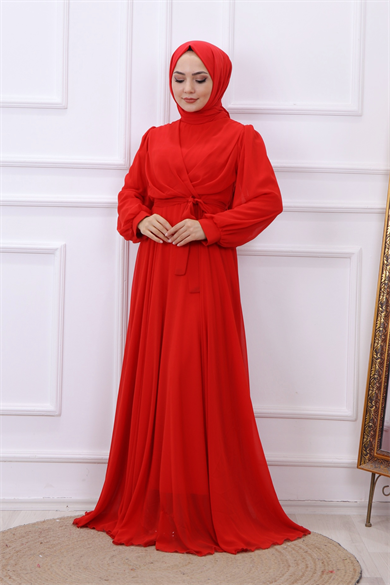 Kruvaze Yaka Elbise Kırmızı