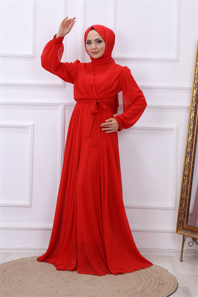 Kruvaze Yaka Elbise Kırmızı