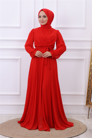Kruvaze Yaka Elbise Kırmızı