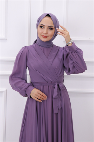 Kruvaze Yaka Elbise Mor