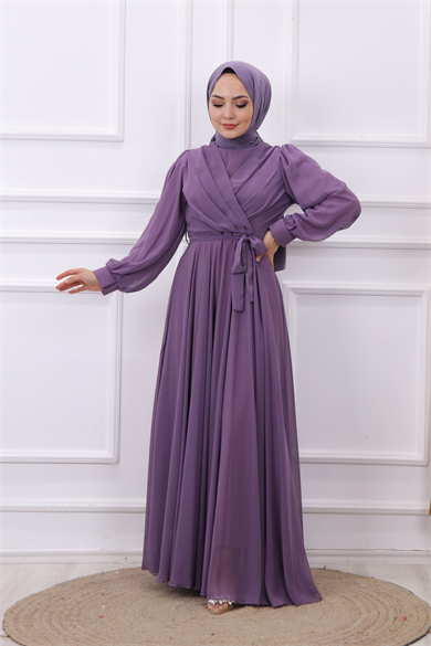 Kruvaze Yaka Elbise Mor