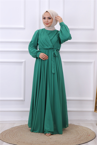 Kruvaze Yaka Elbise Yeşil