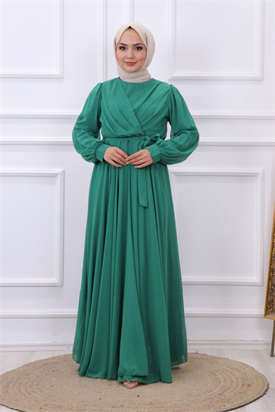 Kruvaze Yaka Elbise Yeşil