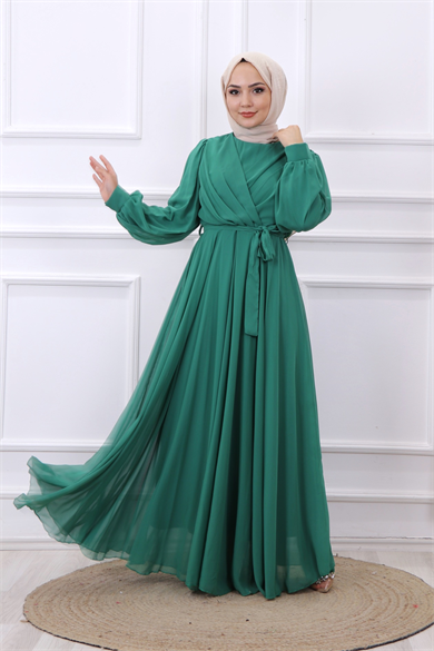 Kruvaze Yaka Elbise Yeşil