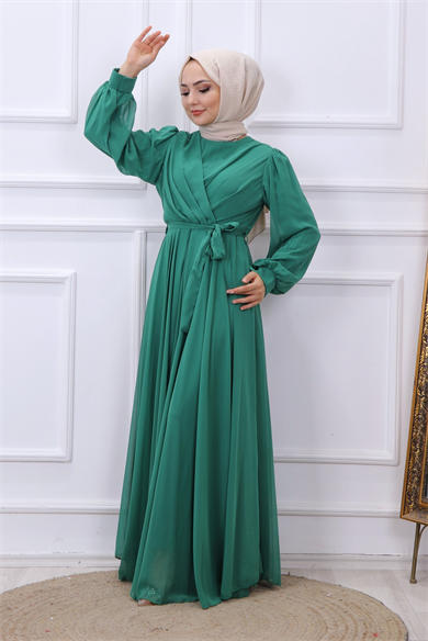 Kruvaze Yaka Elbise Yeşil