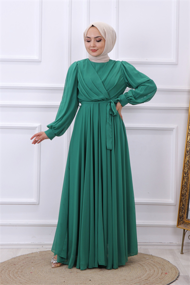 Kruvaze Yaka Elbise Yeşil