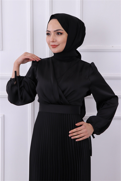 Kruvaze Yaka Saten Elbise Siyah