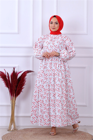 Küçük Çiçek Desenli Elbise Kırmızı