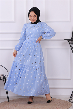 Küçük Papatyalı Elbise Mavi