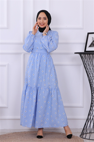 Küçük Papatyalı Elbise Mavi