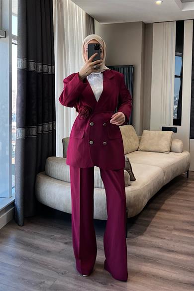 Kuşağı Gül Detaylı Takım Bordo 