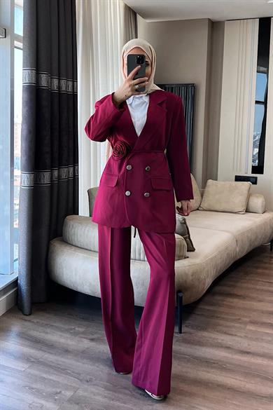 Kuşağı Gül Detaylı Takım Bordo 