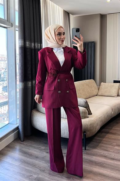 Kuşağı Gül Detaylı Takım Bordo 