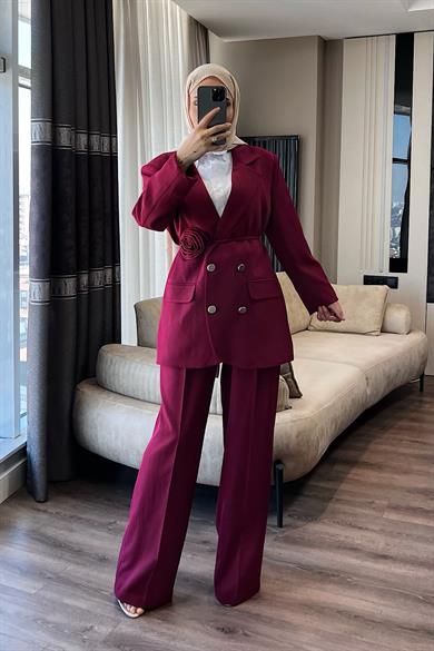 Kuşağı Gül Detaylı Takım Bordo 