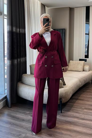 Kuşağı Gül Detaylı Takım Bordo 