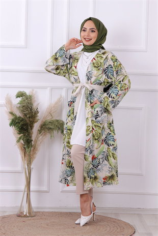 Kuşaklı Cepli Kimono  Yeşil