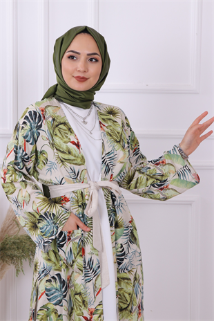 Kuşaklı Cepli Kimono  Yeşil