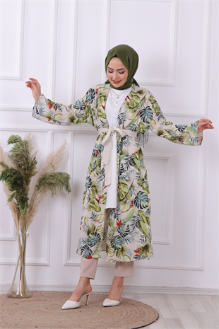 Kuşaklı Cepli Kimono  Yeşil