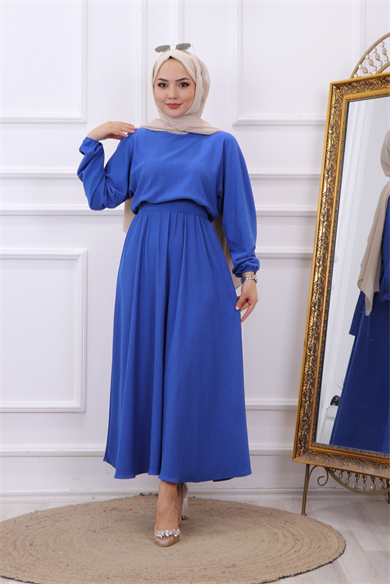 Kuşaklı Elbise Saks Mavisi