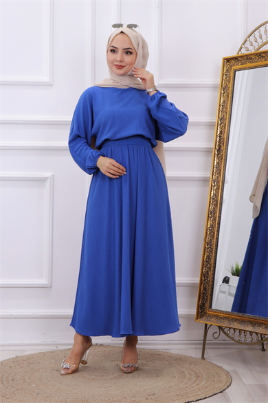 Kuşaklı Elbise Saks Mavisi